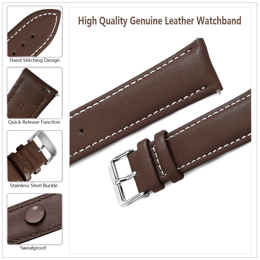 Uhrenarmband aus genarbtem Echtleder, Schnellverschluss 18 mm/20 mm/22 mm Uhrenarmbänder, passend für Samsung Galaxy Watch, Garmin Huawei Watch