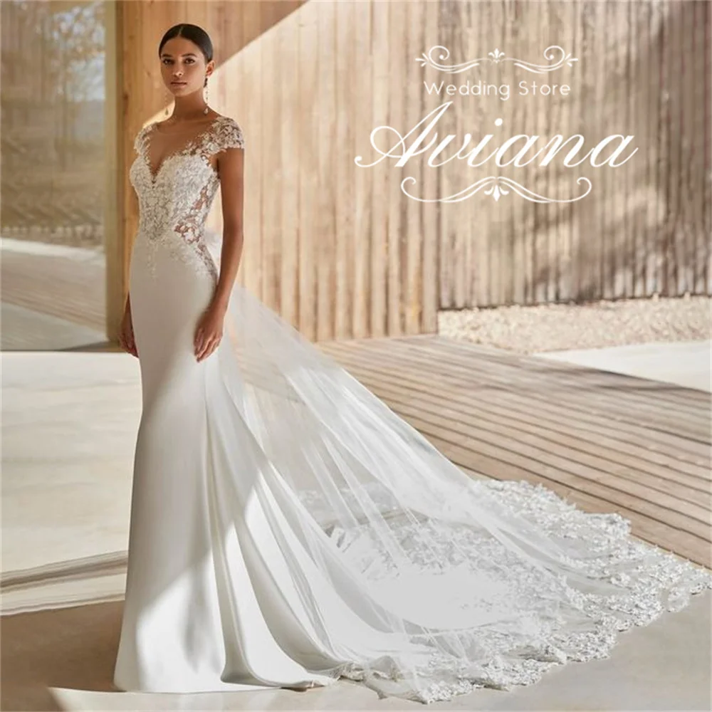 Aviana Personalizzato O-Collo Abito da sposa a sirena Sweep Train Fiore Ricamo Applicazioni in pizzo Backless Perline di lusso Elegante 2025