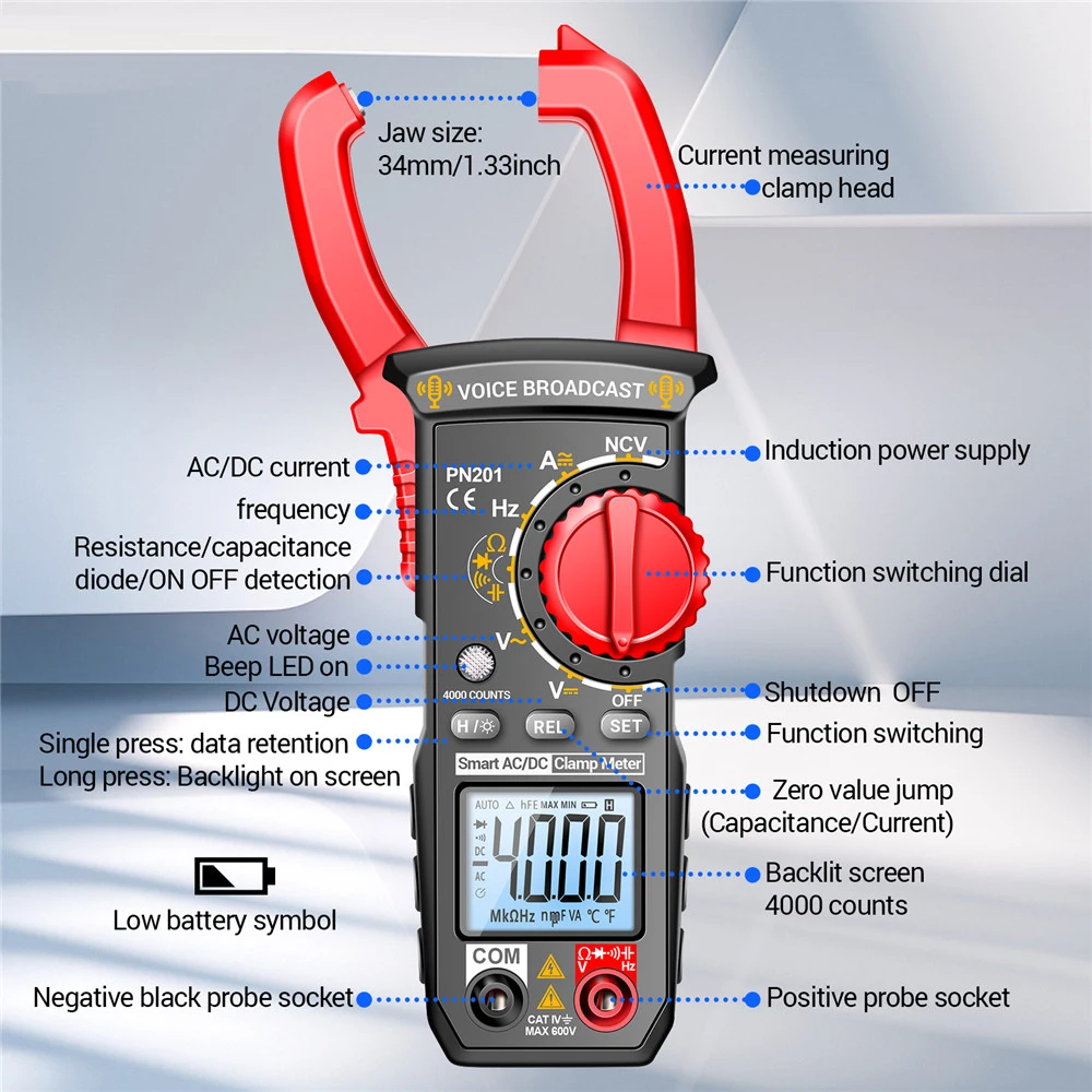 Pn201 Stemmeters Klem Multimeter Dc/Wisselstroomspanningstester 4000 Telt Multiitester Ncv Ohm Capaciteitstesttools