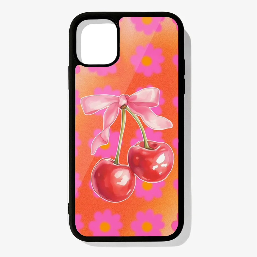 Phone Case Cover For iPhone 15 14 13 12 11 Pro Max Mini Plus 6 6S 7 8 Plus X XS XR Cherry Bow On Pink Orange Aura Floral Y2k