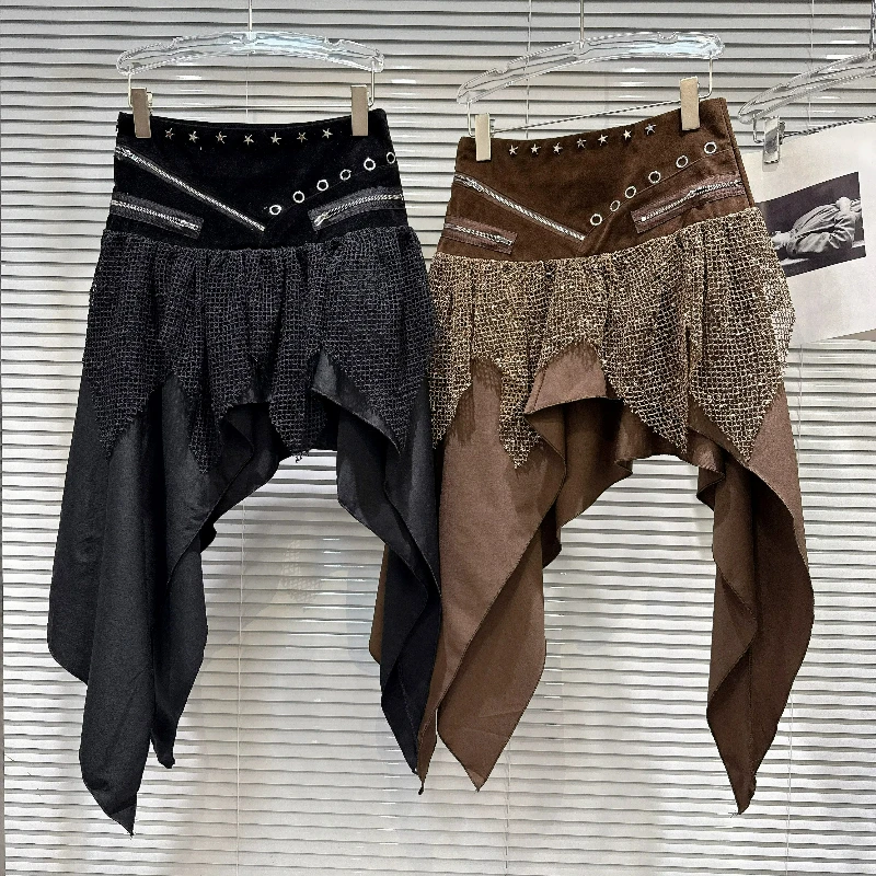 Cool Spicy Rivet Ring Mesh Splicing Women's Skirt Retro Locomotive Girl Fashion Versatile Irregular A-line Mid-skirts Ladies