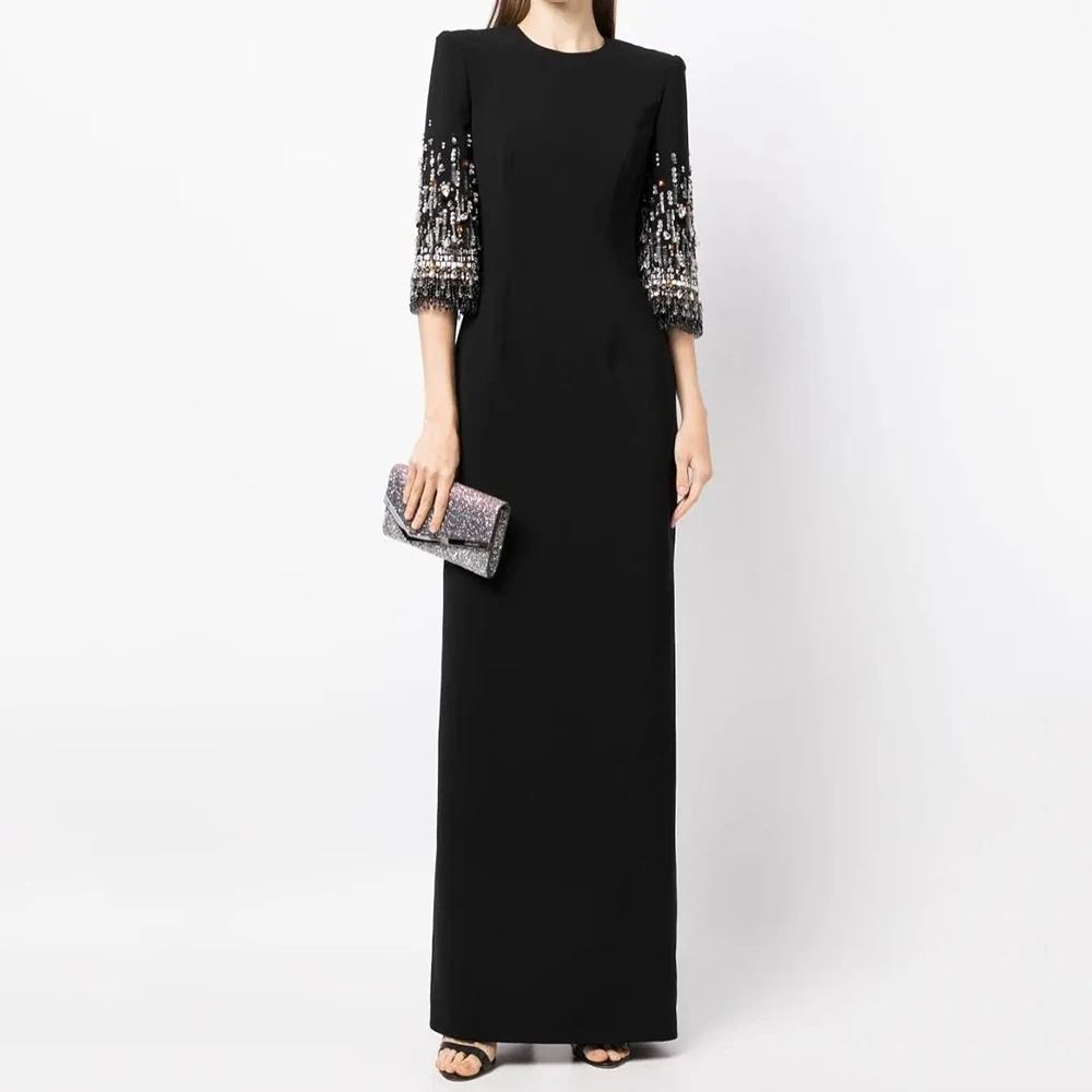 

Customized Straight Evening Dresses Ankle-length O-neck Three Quarter Sleeve Prom Gown Fashion Crystal Sequined Party Gown