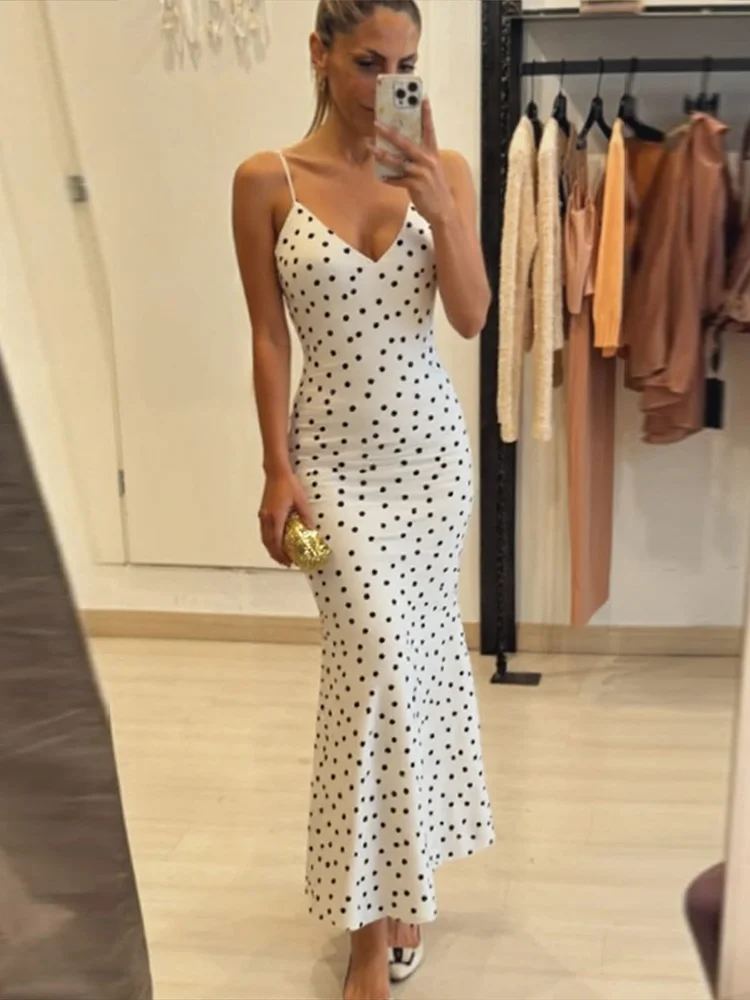 Vrouwen Polka Dot Midi Slipdress V-hals Afslanken Taille Cinching Jarretel Lange Jurken Elegante Backless Vakantie Vrouwelijke Gewaden