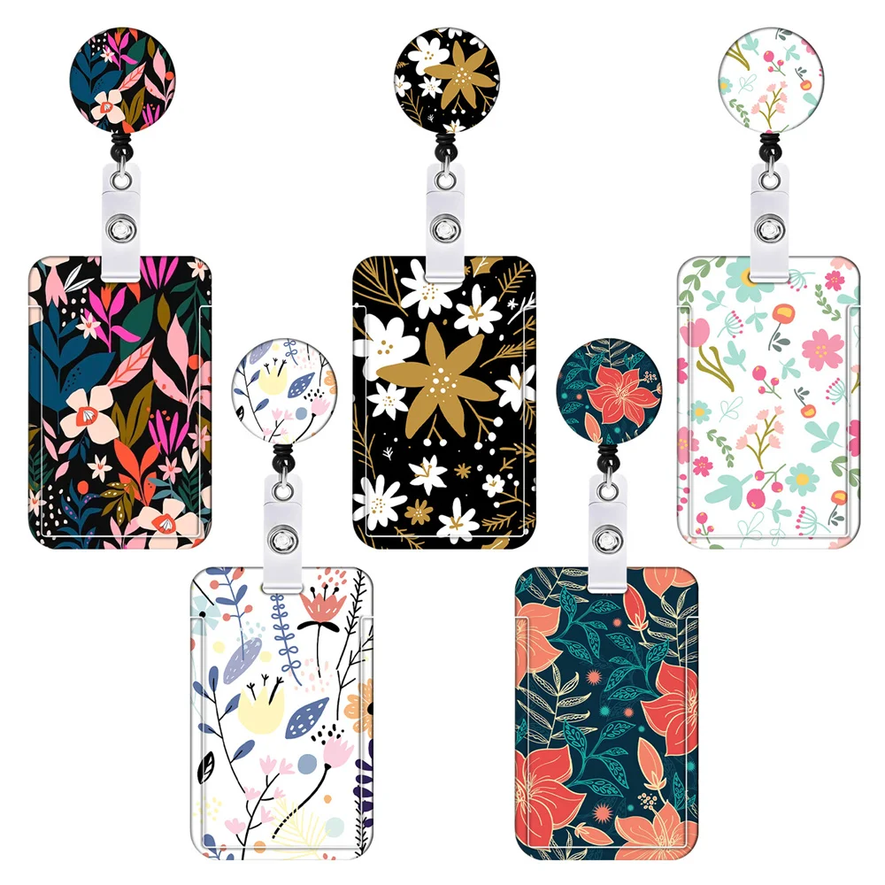 Floral Easy-Open Buttons Double Sided ID Card Holder Office School Exhibition Supplies Neck Strap Lanyard Business Badge Clip