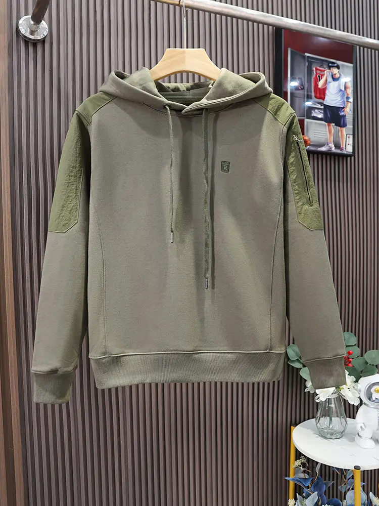 Man Hoodies Loose with Zipper Army Green Splicing Sweatshirts for Men Overfit Streetwear One Piece Y2k Vintage Novelty and Cheap