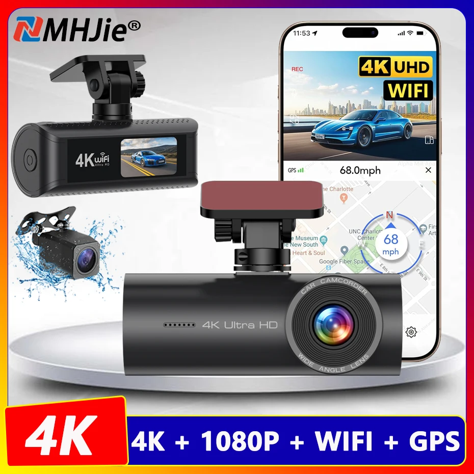 4K WiFi Dash Cam 2160P for Car DVR Camera Dual Lens Auto Night Vision WDR Video Recorder Support GPS Black Box Rear View Camera
