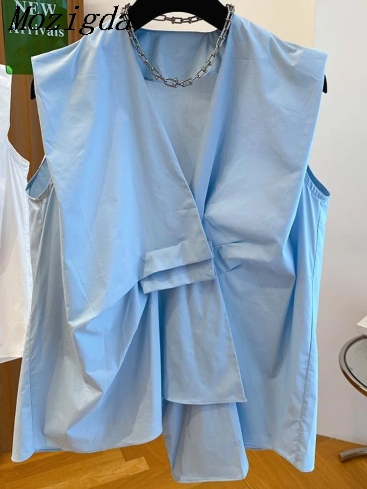 

Oversize Shirt Vest Women Blue Brief Pleated Big Size Casual Blouse New V-Neck Sleeveless Shirt Fashion Tide Summer Ladies Tops