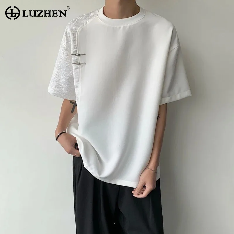 LUZHEN Sleeve 2026 Summer Embroidery Pattern Chinese Style Short T-shirts Men's Round Neck Metal Buckle Casual Male Tops JY8441
