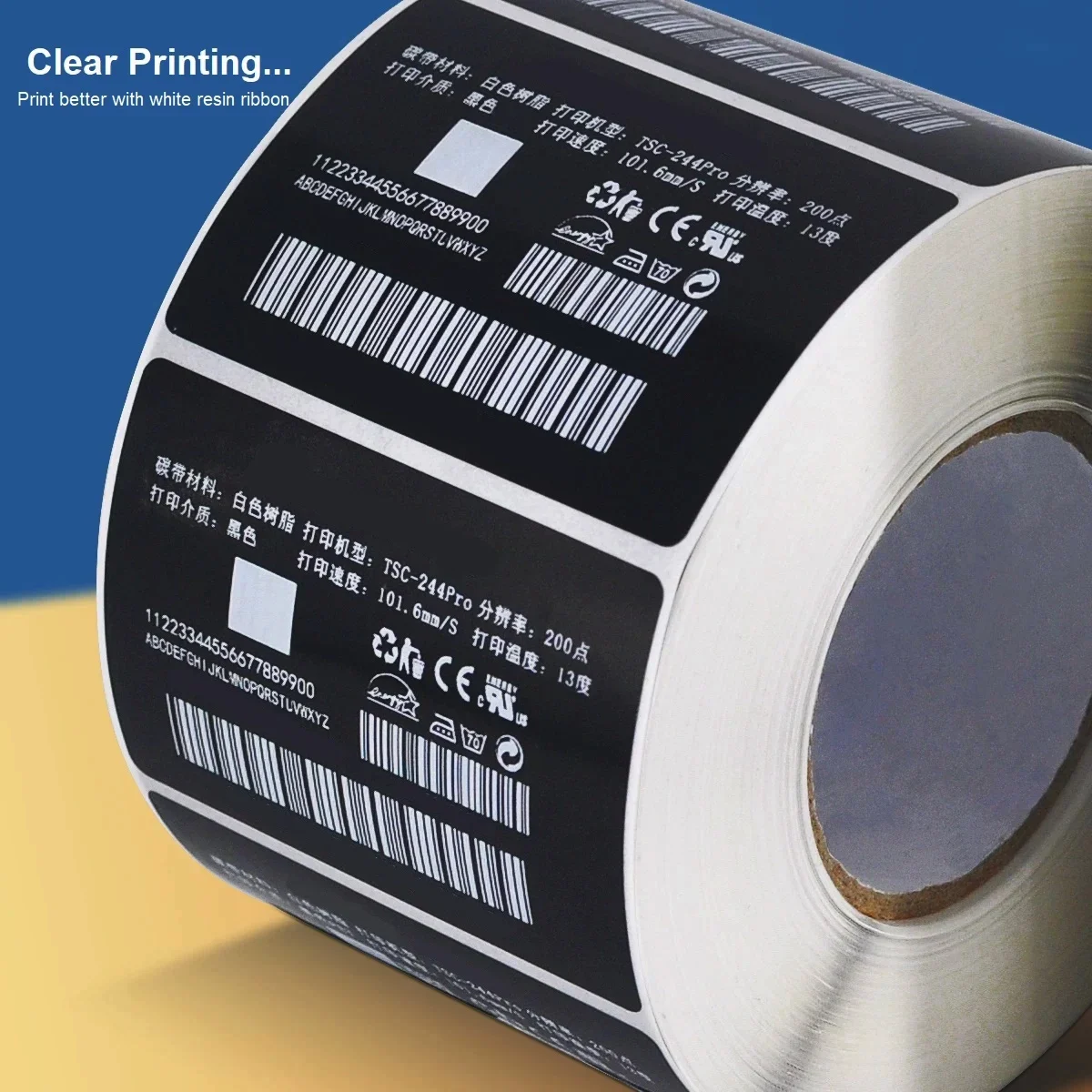 فيلم نقل شريط الطابعة الأبيض الفائق 60 70 80 90 100 110 مللي متر × 200 متر لفة شريط النقل الحراري لملصق لاصق أسود PET