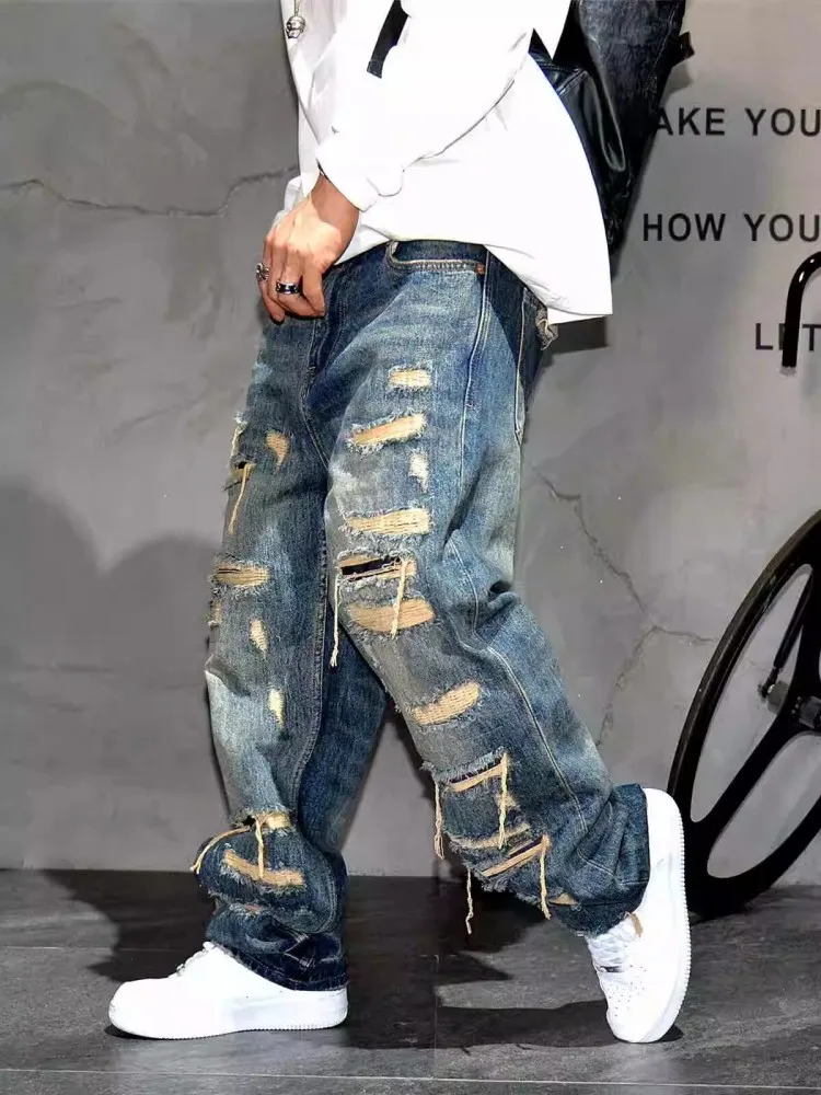 Vintage Personality Hole Ripped Men Jeans Loose Fit Straight Trousers Fashion New Casual High Street Hip Hop Denim Pants Male