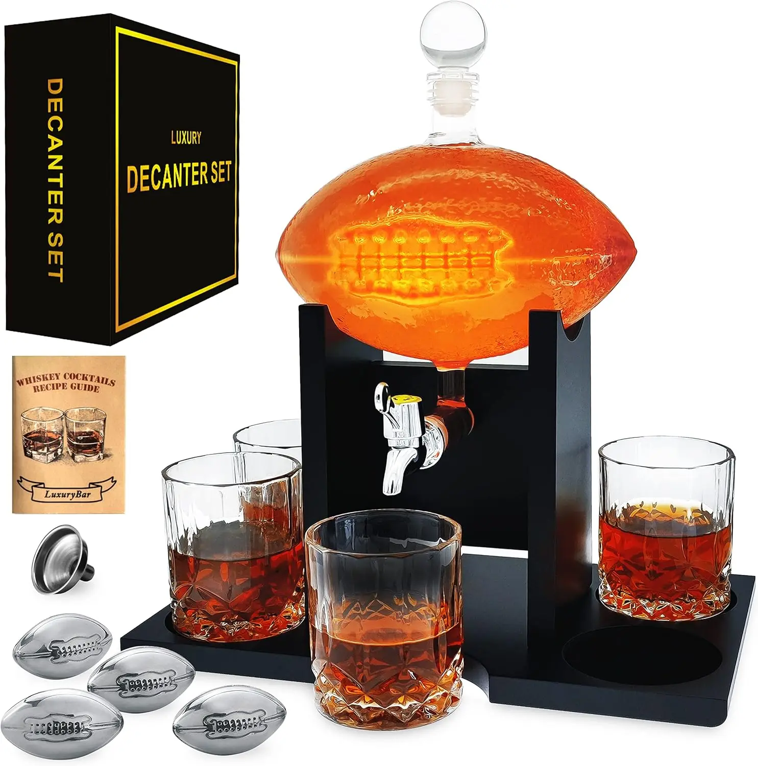 

Football Whiskey Decanter Set with 4 Glasses and Chillers, 47oz Capacity for Men's Gifts