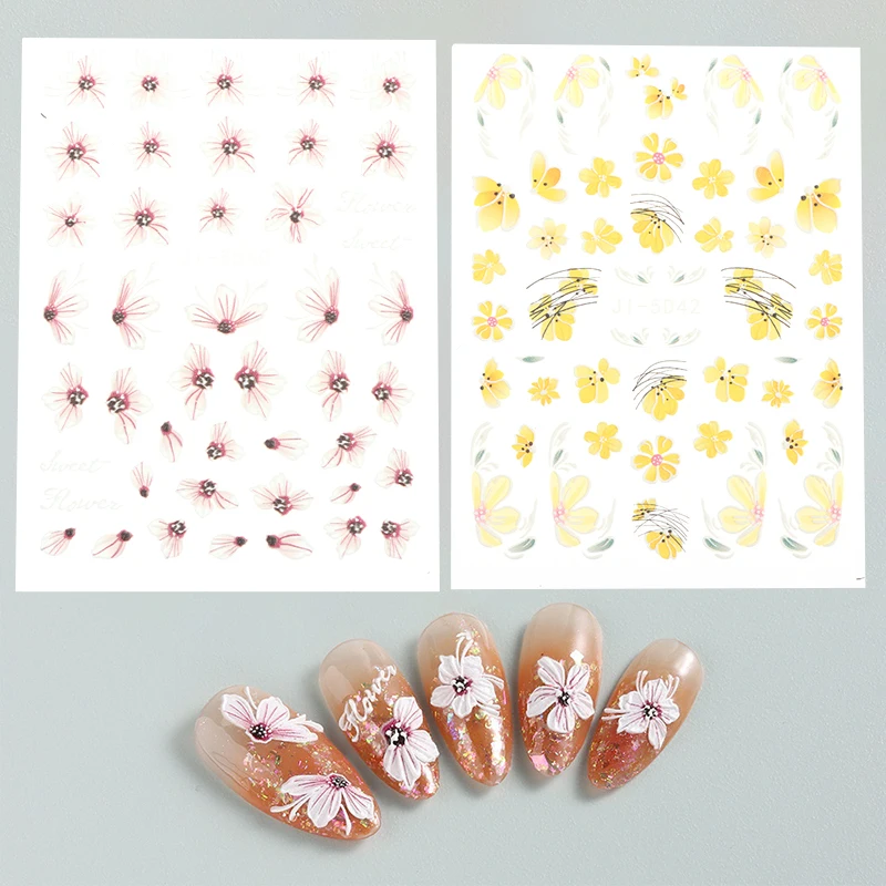 5D Embossed Flowers Nail Stickers Petals Lines Decals Nail Charms Butterflies Relief Sliders DIY Manicure Decoration