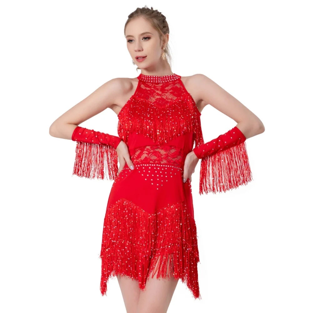 Elegant Sequin Beaded Tassel Latin Dress With Sleeves For Women Sexy Lace Hollow Out Halter Sparkly Rumba Cha-cha Dancewear