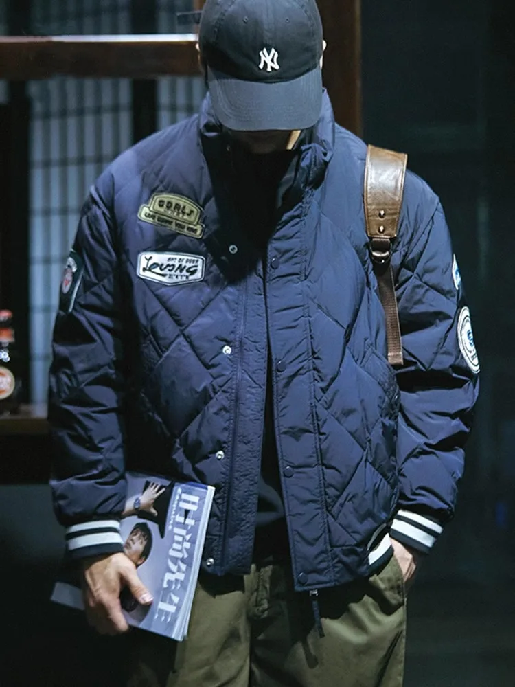 

Large Size Men's Cotton Jaet American Retro Stand Collar Loose Diamond Pattern Casual Winter Coat Warm Thiened Zipper