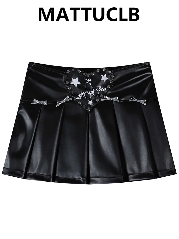 Women's Mini Skirt Pu Faux Leather Korean Pleated Micro Skirt Dark Academia 2000s Aesthetic Evening Party Y2k Design Coquette