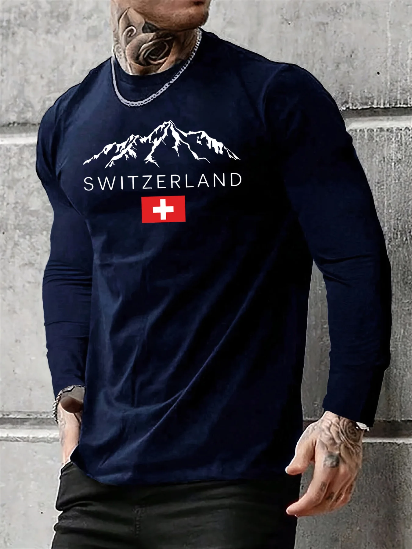 Men's 100% Pure Cotton Loose and Comfortable Casual Swiss Snow Mountain Pattern Printed Round Neck Long Sleeved T-Shirt Top