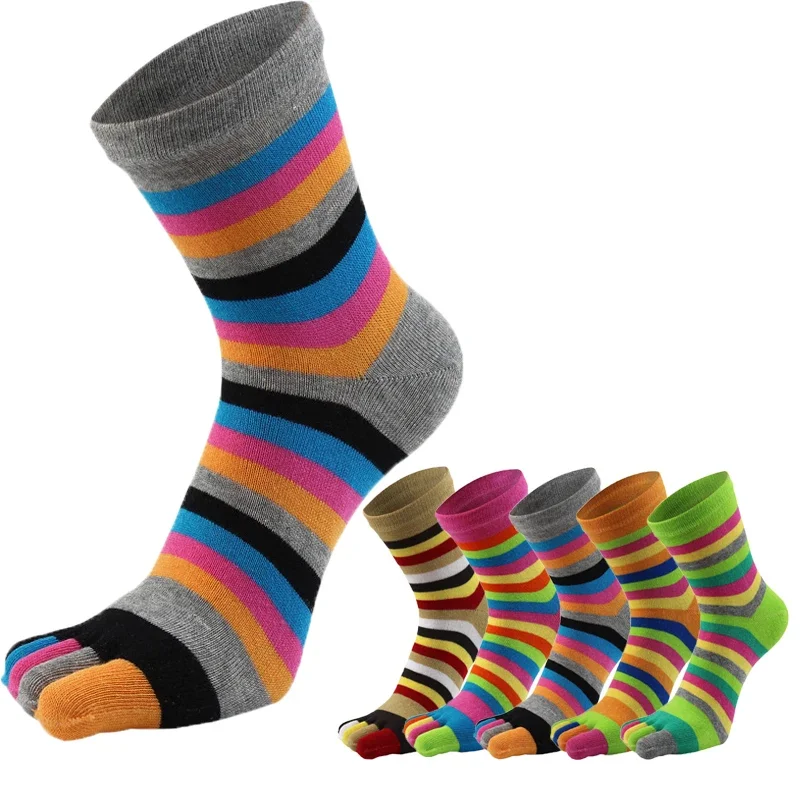 Damen-Zehensocken, lustige Fünf-Finger-Socken, bunt gestreift, bedruckt, Regenbogen-Baumwolle, atmungsaktiv, kurze Damensocken