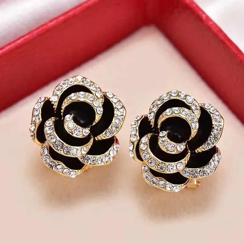 Charmsmic Women Black Rhinestone Rose Flower Stud Earrings For Women Office Lady Fashion Geometric Shape Ear Jewelry Accessories