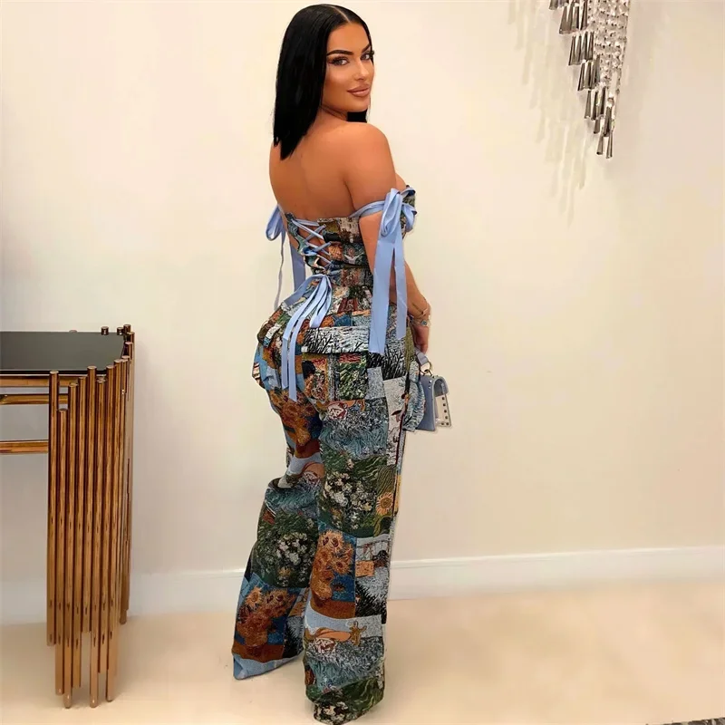 Pattern Print Two Piece Set for Women Night Club Outfits Sexy Off Shoulder V-neck Lace-up Bow Tie Bandage Top and Wide Leg Pants