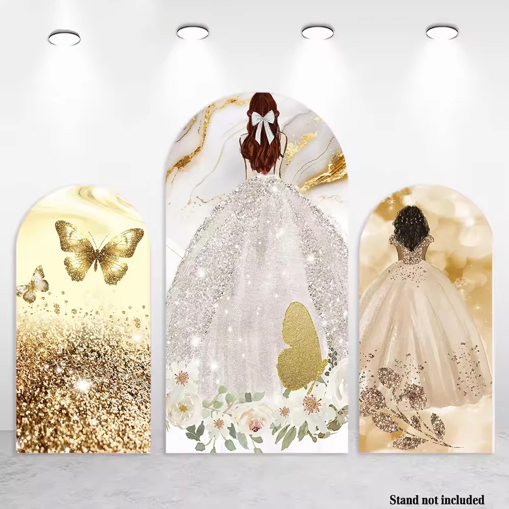 LS Quinceanera Girl Arch Backdrop Cover Princess 15th Birthday Dress Shiny Golden Butterfly Photography Background Photo
