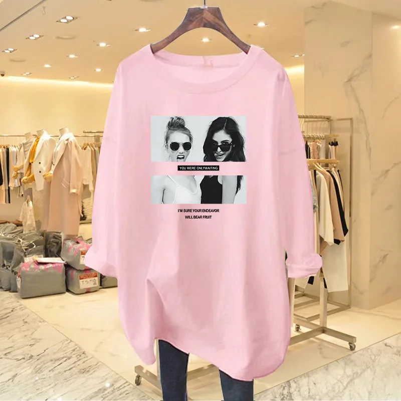 Women Clothing Fashion Long Sleeve Round Neck T-shirt Spring Autumn Pure Cotton Printing Top Tee Lady Casual Loose Pullover