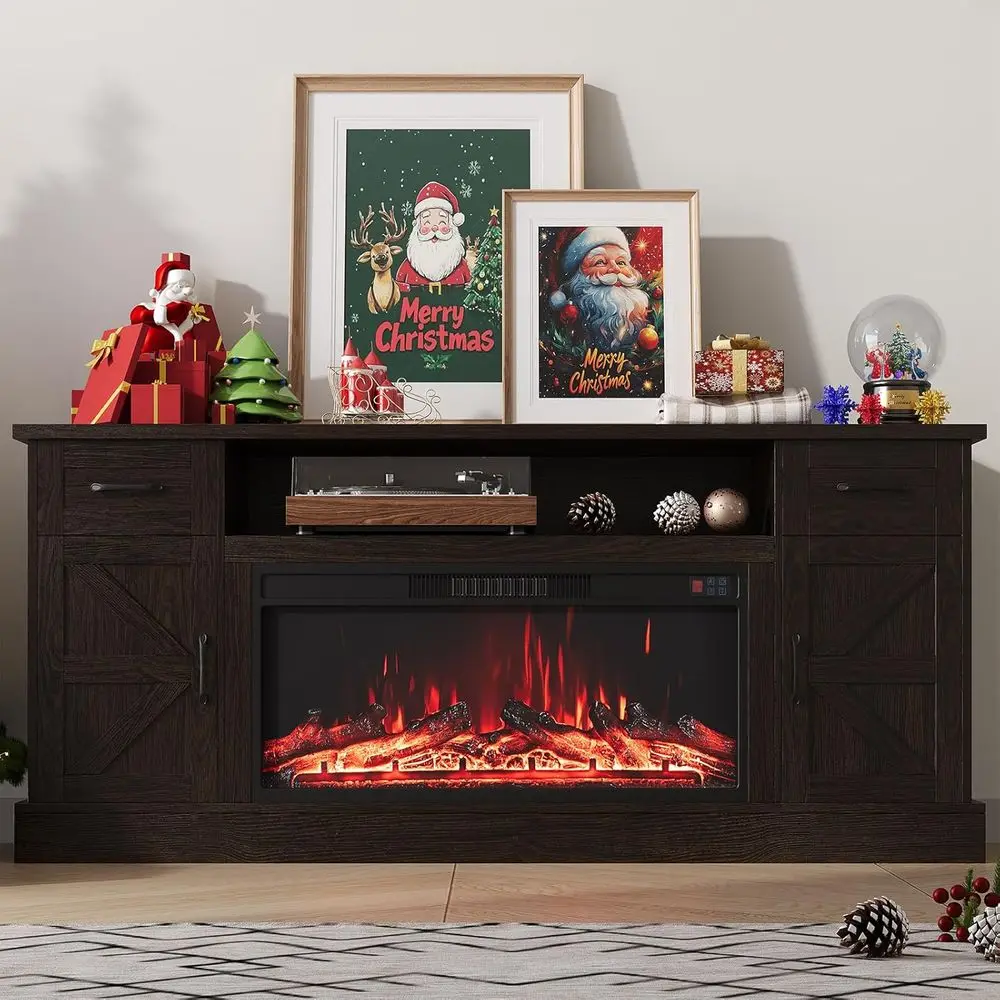 70 Electric Fireplace TV Stand with 12 Color 3D Flames, Heating and Storage Cabinet in Brown (Armhouse)