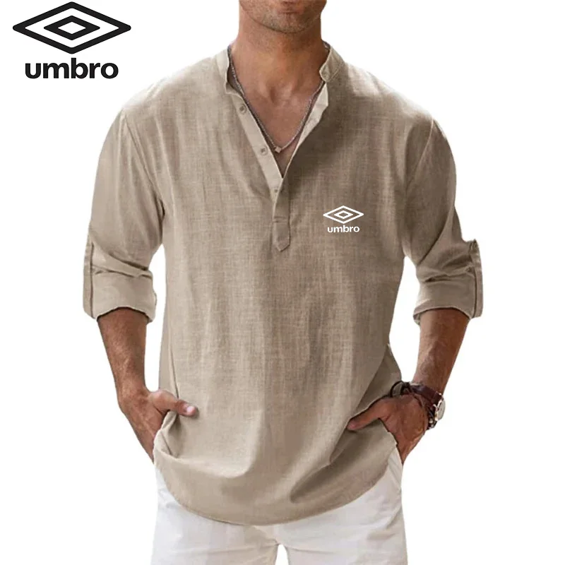 Umbro Brand High Quality Men\'s Spring and Autumn New Long Sleeved 100% Cotton Linen Shirt Business Casual Loose Fitting Shirts