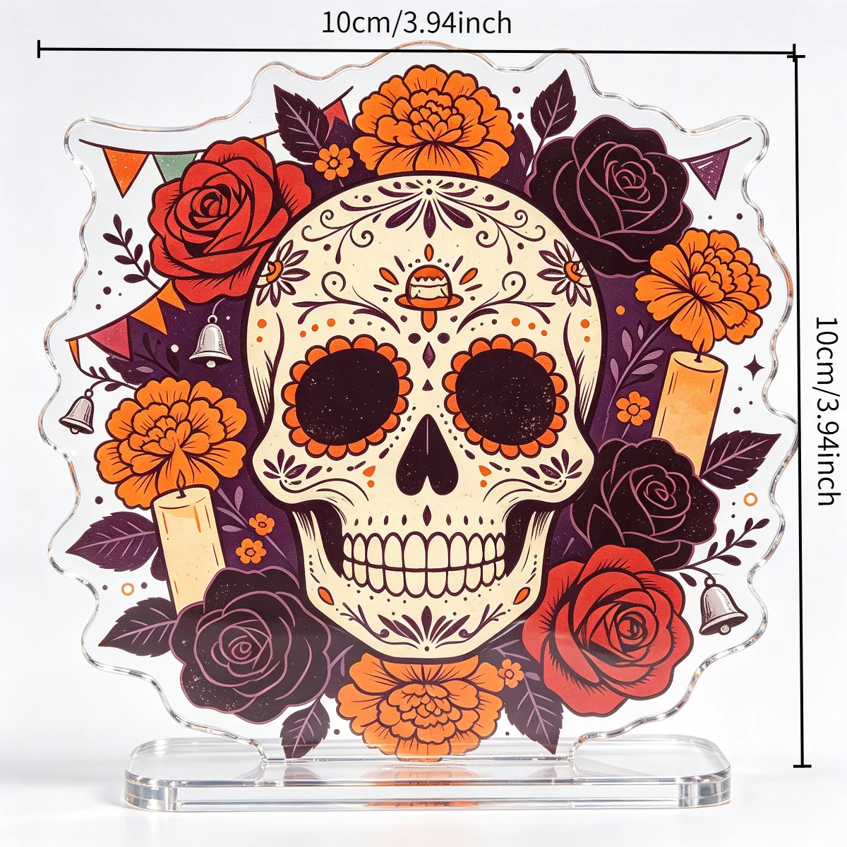 Day of the Dead Skull Acrylic Ornament with Base, Double-Sided Pattern Skull Head Ornament for Living Room Holiday Decoration