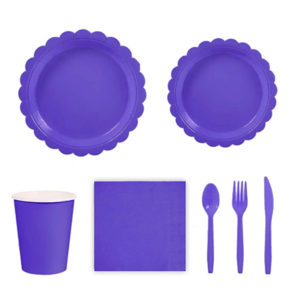 Solid Color Purple Lace Theme Party Supplies Disposable Tableware Paper Cup Plate Napkin Tablecloth For Kids Baby Shower Wedding