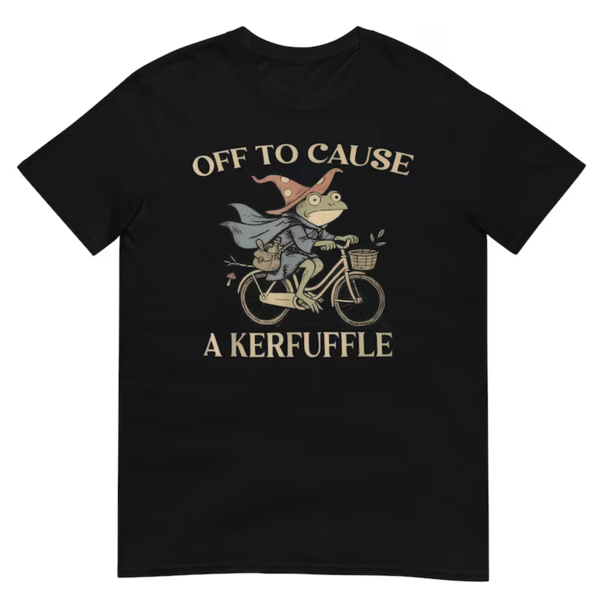 Women Cottagecore Retro Tee Witch Frog Riding Bicycle Old Sketch Font Print Casual Top