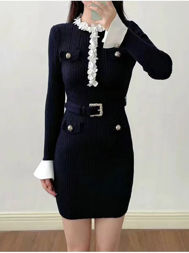 Lady Xiao Xiang Wind Long-Sleeved Knitted Dress - Lace Collar, Waist-Trimming Belt, A-line Skirt - 2026 Autumn New Style