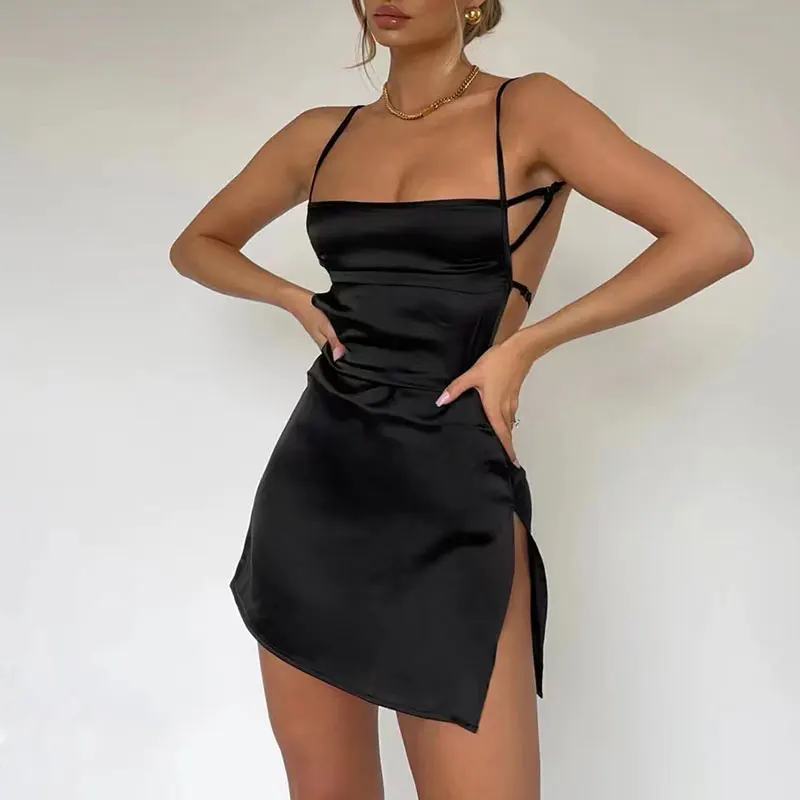 Punk Summer Spaghetti Strap Mini Dress Women Sexy Slit Bodycon Club Party Backless Dresses Chic Satin Silky Black Short Sundress