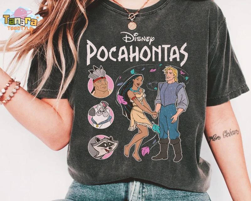 

Retro 90s Pocahontas Characters Tee, Crop Top, Disney Meeko Percy Flit Shirt, Magic Kingdom Collection, Disneyland Family