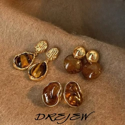 DREJEW Vintage Brown Tiger Eye Stone Earrings for Women Fashion Silver Needle Drop Earring Personality Irregular Jewelry Gifts