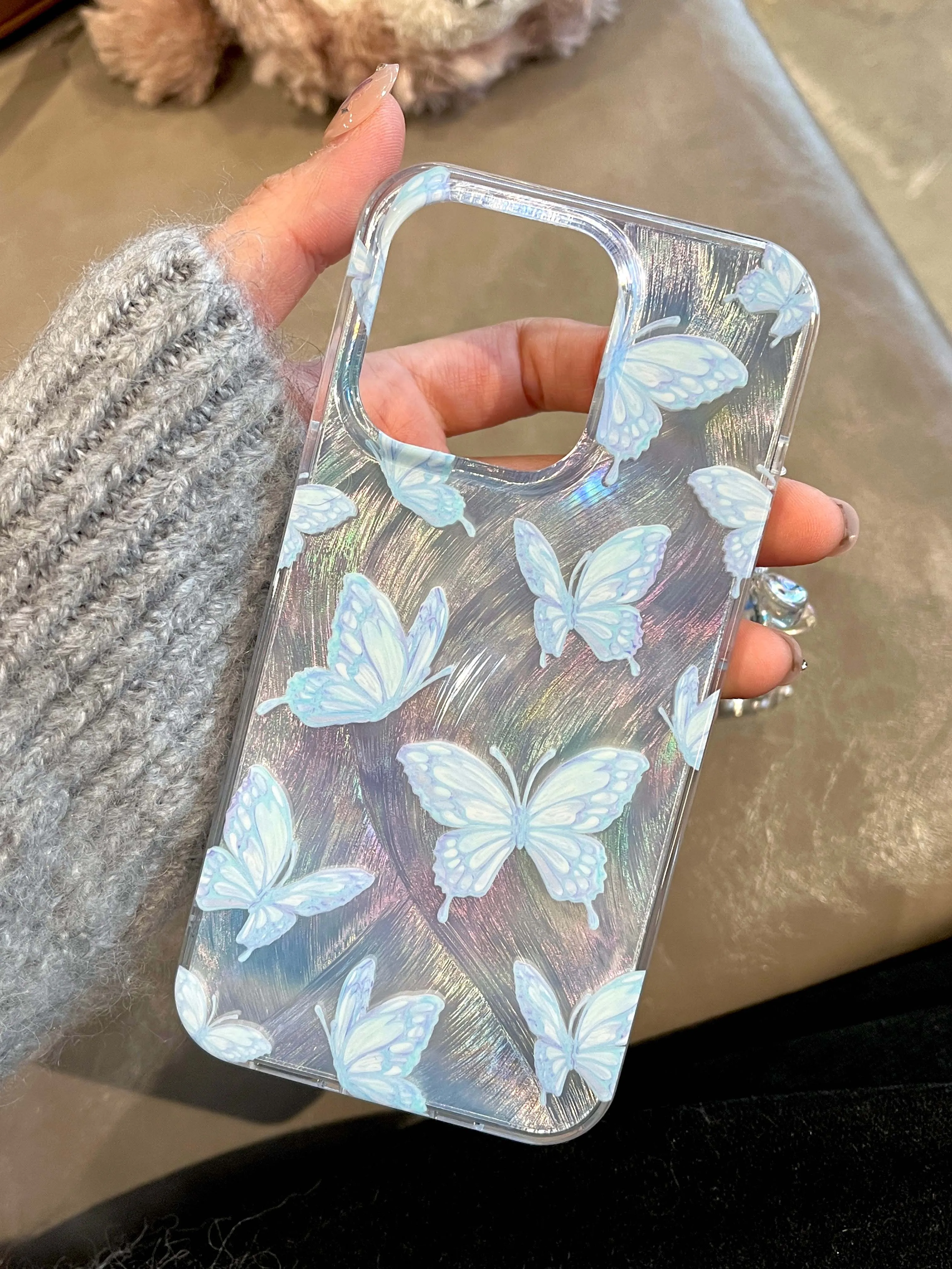 Blue relif shiny 3D butterfly pendant cute cartoon ins imd shell for iphone 13 12 promax 11 14 15 pro max phone case