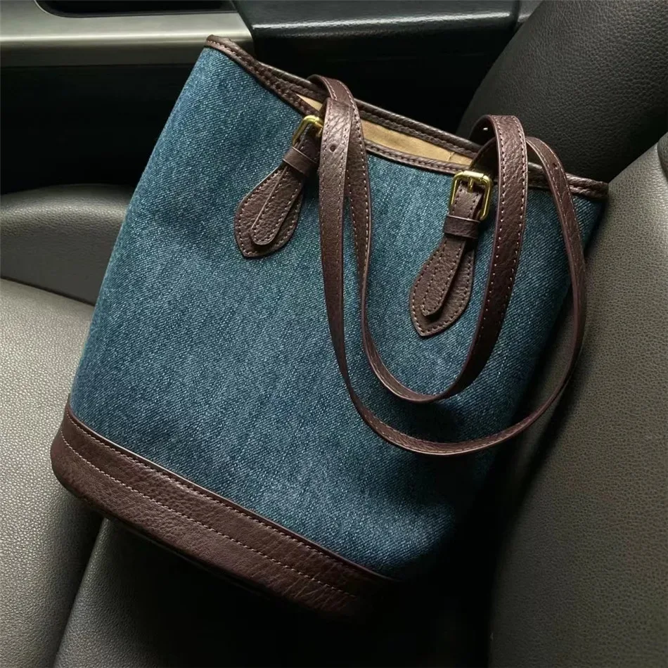 Vintage Cowboy Women bucket Shoulder Bags Large capacity Brand Designer Luxury patchwork ladies Handbags Denim big Totes blue