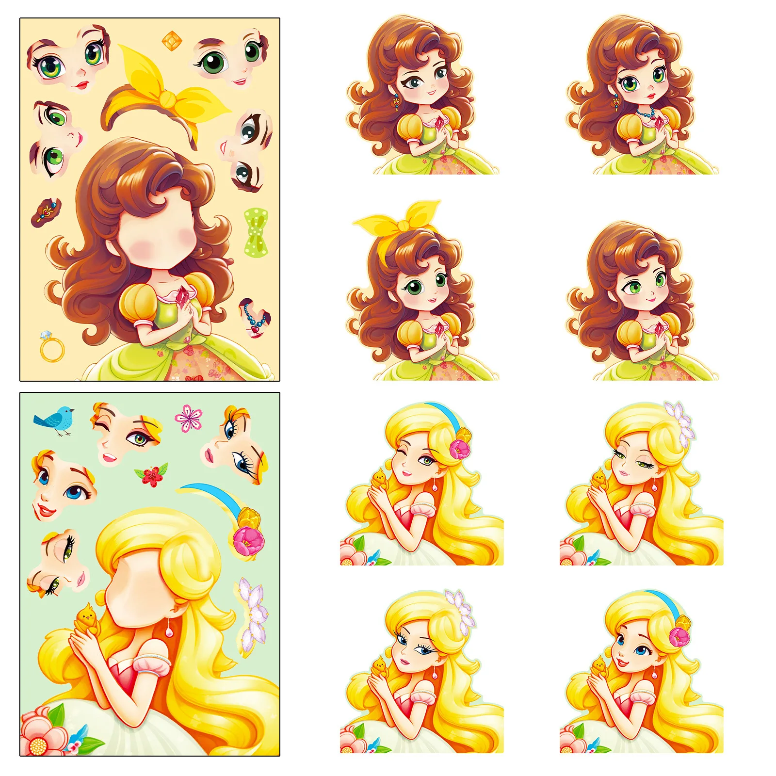 6pcs Princess Face Changing Stickers Cartoon Cute DIY Princess Make a Face Changing Stickers Children's toys