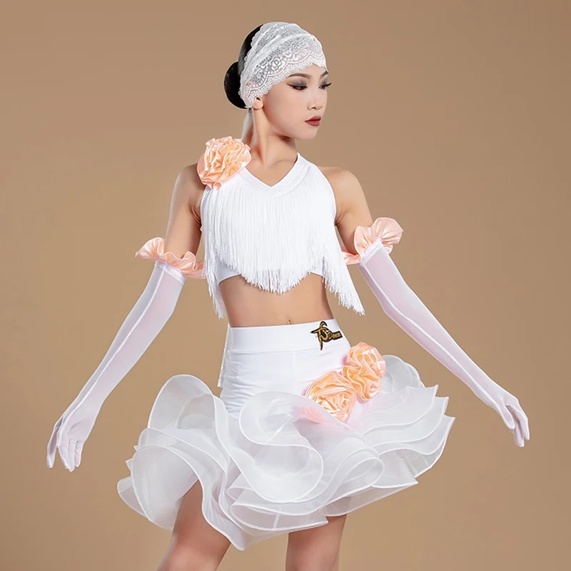New White Latin Dance Clothes For Girls Kids Cha Cha Rumba Samba Dance Costume Latin Competition Clothing Fringe Dress BL14138