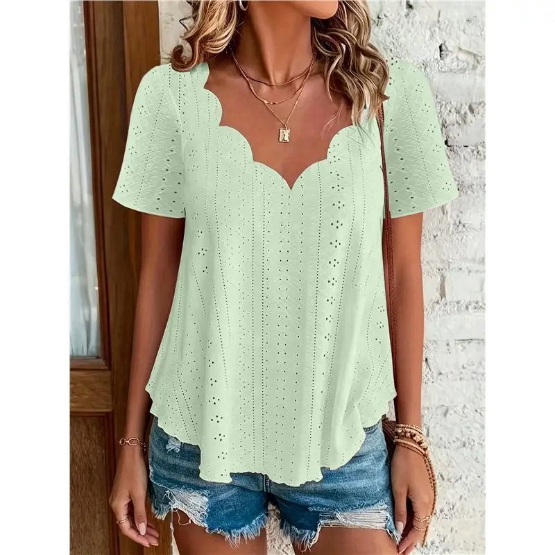 NEW-Women's Scalloped Wave V Neck All-Over Eyelet Embroidery Loose Short Sleeve Casual Blouse