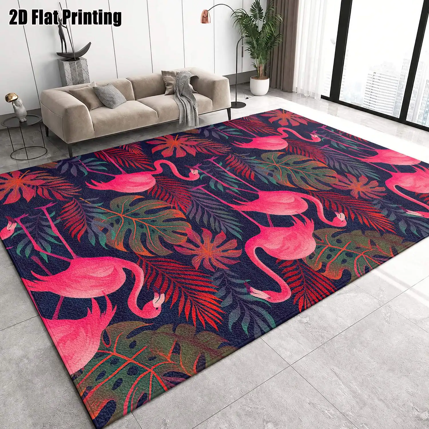 1Pc 2D Printed Carpet: Pink Flamingo & Tropical Plant Pattern, Nordic/Instagram/Modern Minimalist/European/Bohemian Style, Home Decor, Multiple Sizes, Machine Washable, Suitable for Entrance/Dining Room/Foyer/Living Room/Bedroom
