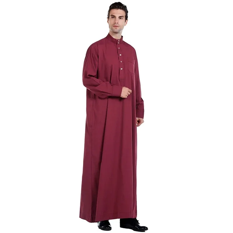 lili 123Men Qatar Gaya Islami Maroko Muslim Katun Linen Hitam Kerah Berdiri Lengan Panjang Ukuran Besar Jubah Arab Pria Worsh