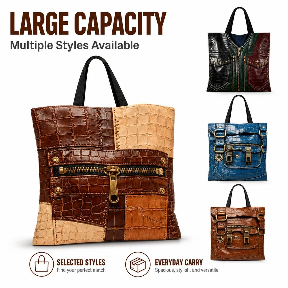 3D Pattern Canvas Tote Bag Punk Style Vintage Style Single Shoulder Bag Faux Crocodile Pattern Double Handles Shoulder Tote Bag