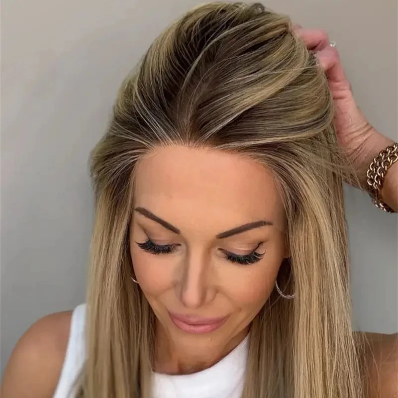 16'' Short Straight Bob 13x4 Middle Part Ombre Golden Blonde Brown Lace Front Wig High Quality Synthetic Wig Real Wig Top Lace