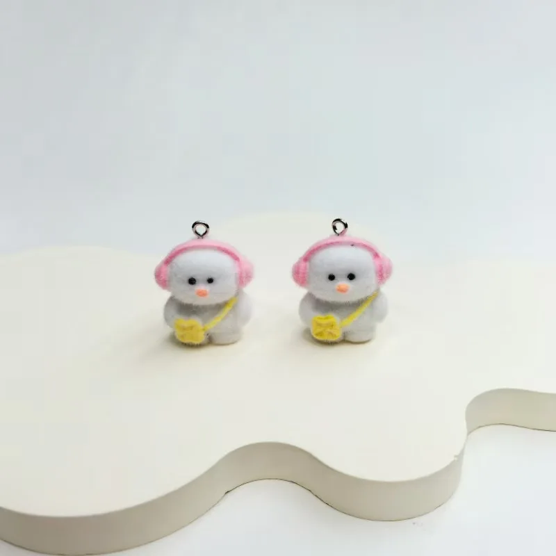 30pcs Cute flocking resin Headset duck Charms Cartoon animals doll pendant For Bag keychain Handmade DIY Jewelry Accessories