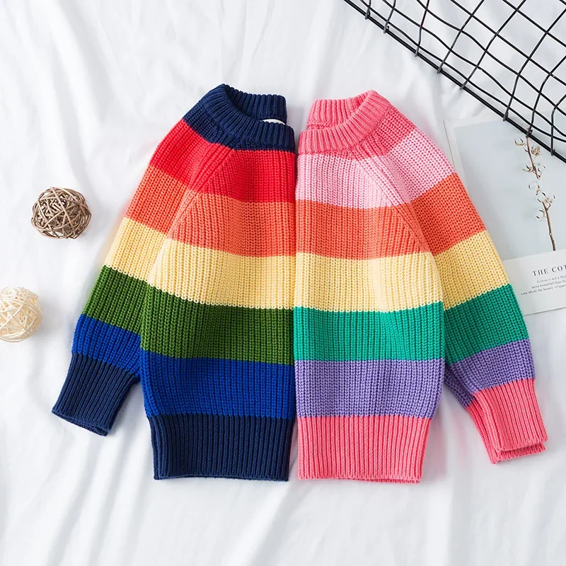 

Kids Rainbow Knitted Sweater Autumn Long Sleeve Casual O-neck Pullovers for Girls 1 To 8 Y Loose All-match Infants Knitwear Tops