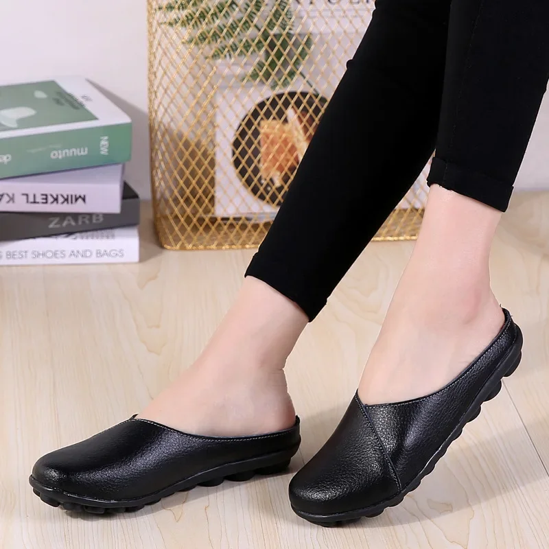 2024 New Summer Outside Genuine Leather Comfortable Round Toe Solid Casual Sewing Woman Slippers Sandals Flats Slides