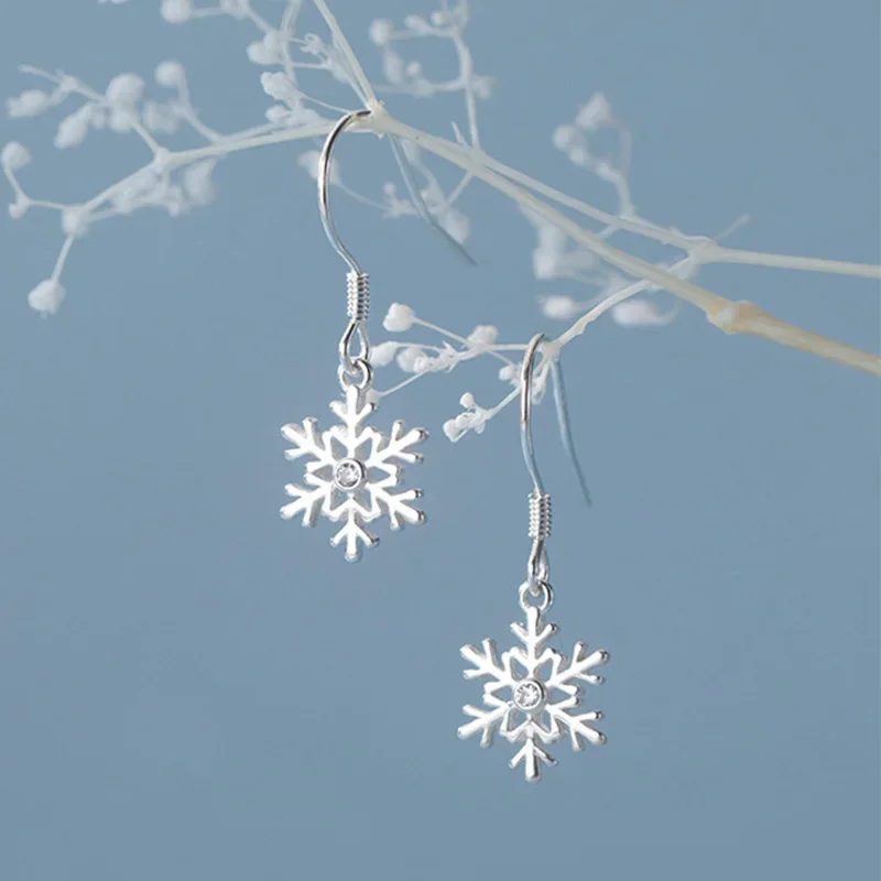 TrustDavis Real 925 Sterling Silver Earring Winter Snowflakes Charm Dangle Earrings For Women Wedding Christmas Jewelry DA01-9