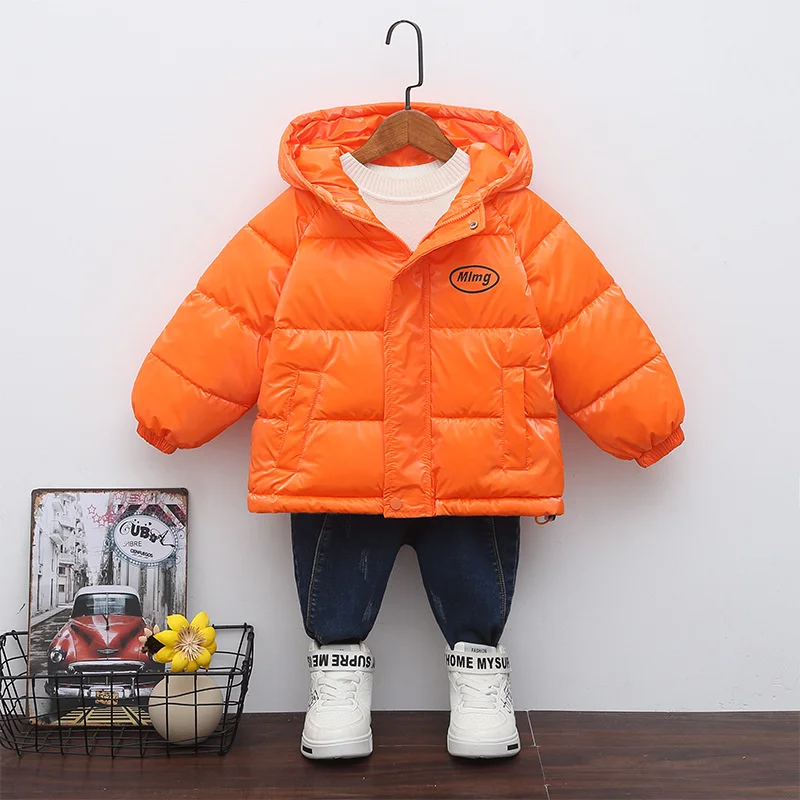 Glossy Fashion Boy Jackets Girl Shiny Letter Print Coats Children Spring Autumn Hooded Padded Outerwear Kids Casual Warm Clothes