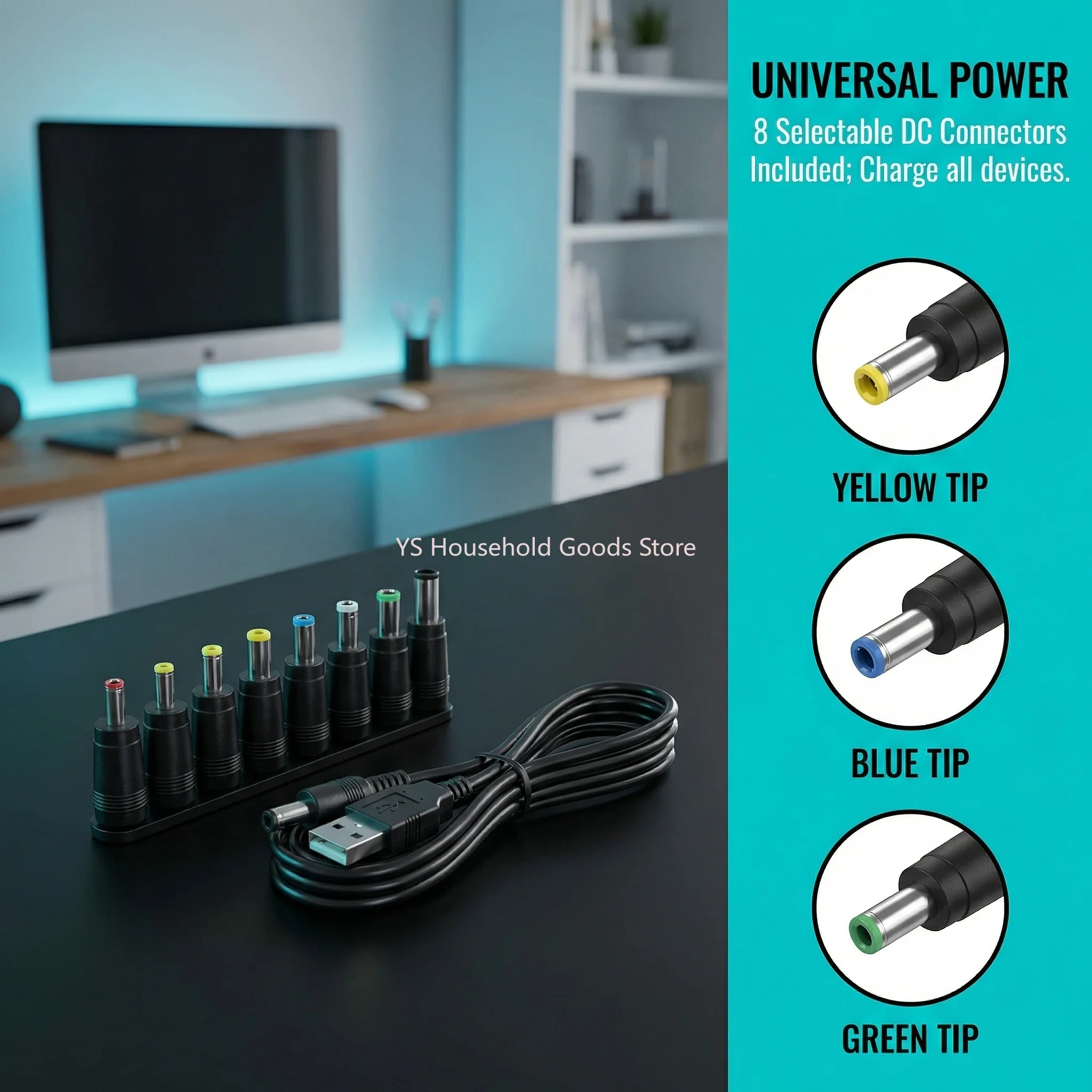 ​Universal Power Cable USB to DC 5.5 * 2.1mm Jack 5V Charging Cord with 8 Selectable Connector Tips for CCTV Cameras TV Box