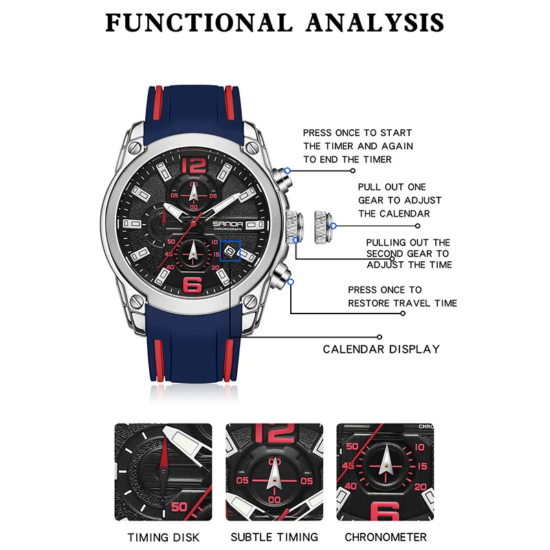 SANDA Luxury Watches for Men Fashion Silicone Strap Military Waterproof Sport Chronograph Quartz WristWatch Clock With Date